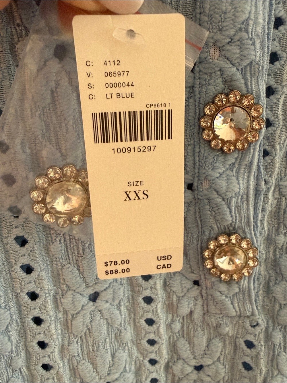 Maeve Pale Blue Eyelet Polo with Crystal Buttons - XXS - NWT - Picture 8 of 9